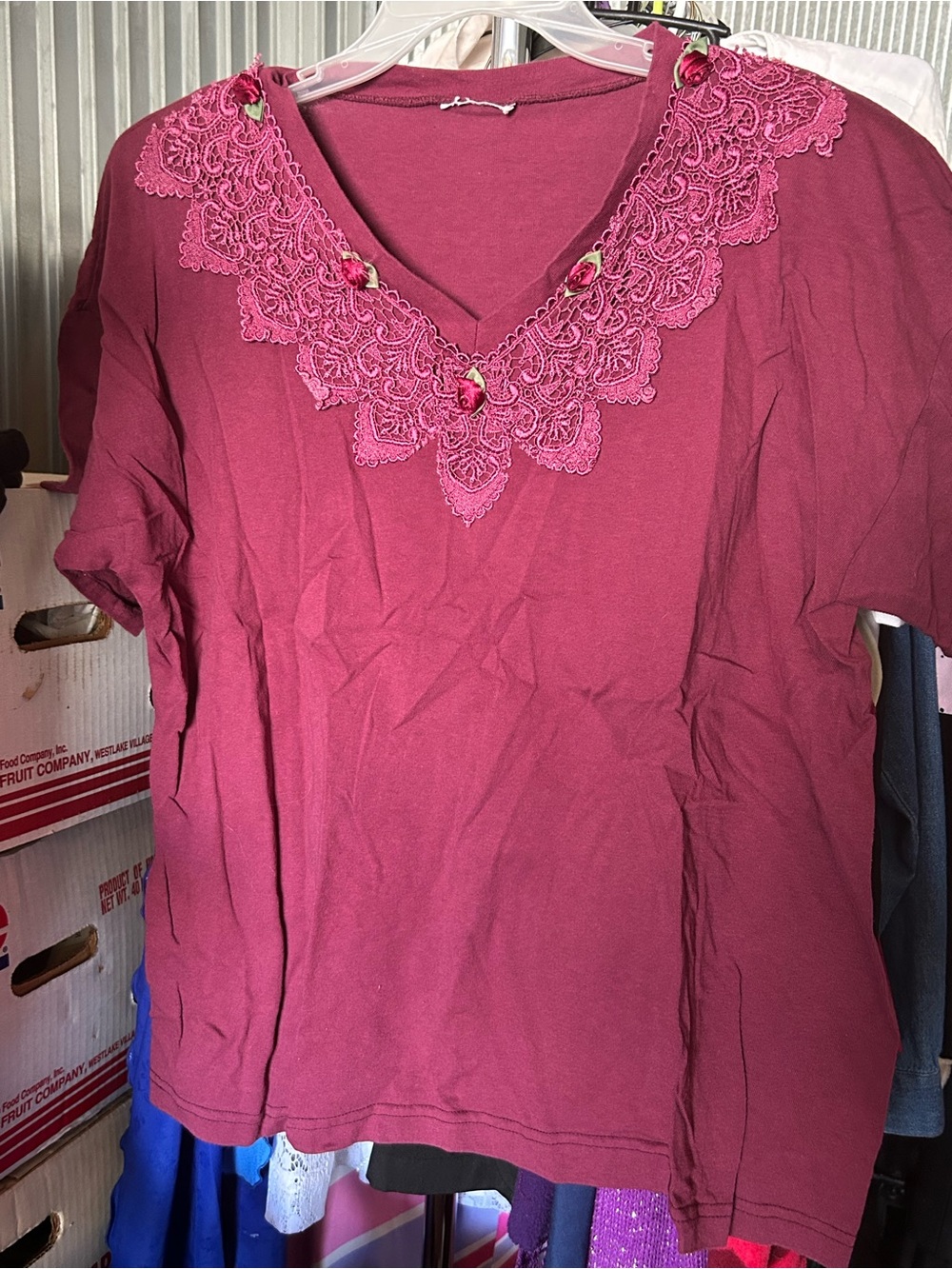 Women’s Vintage Top. Beautiful Burgundy Color. Crochet Lace Trim. Rarely Worn